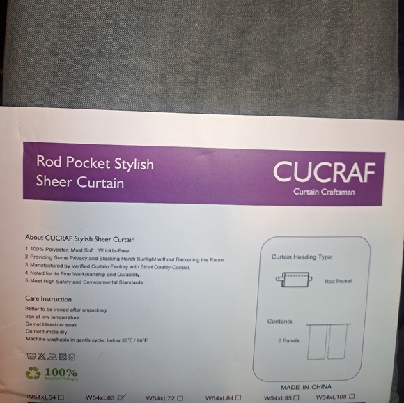 CUCRAF POLYESTER CRAFTSMAN SHEER GRAY 2 PANEL CURTAINS W54 x L63 - Picture 9 of 9